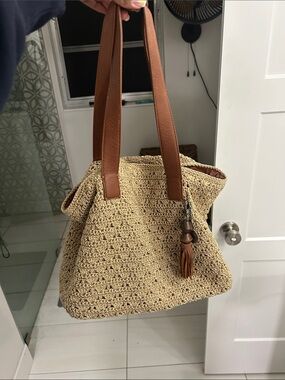 Woven Straw Tote Bag with Brown Leather Straps